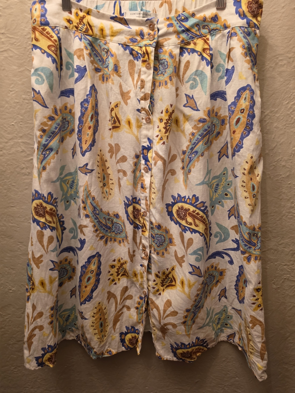 Contemporaine Organic Linen Paisley Midi Skirt Boho Cottagecore